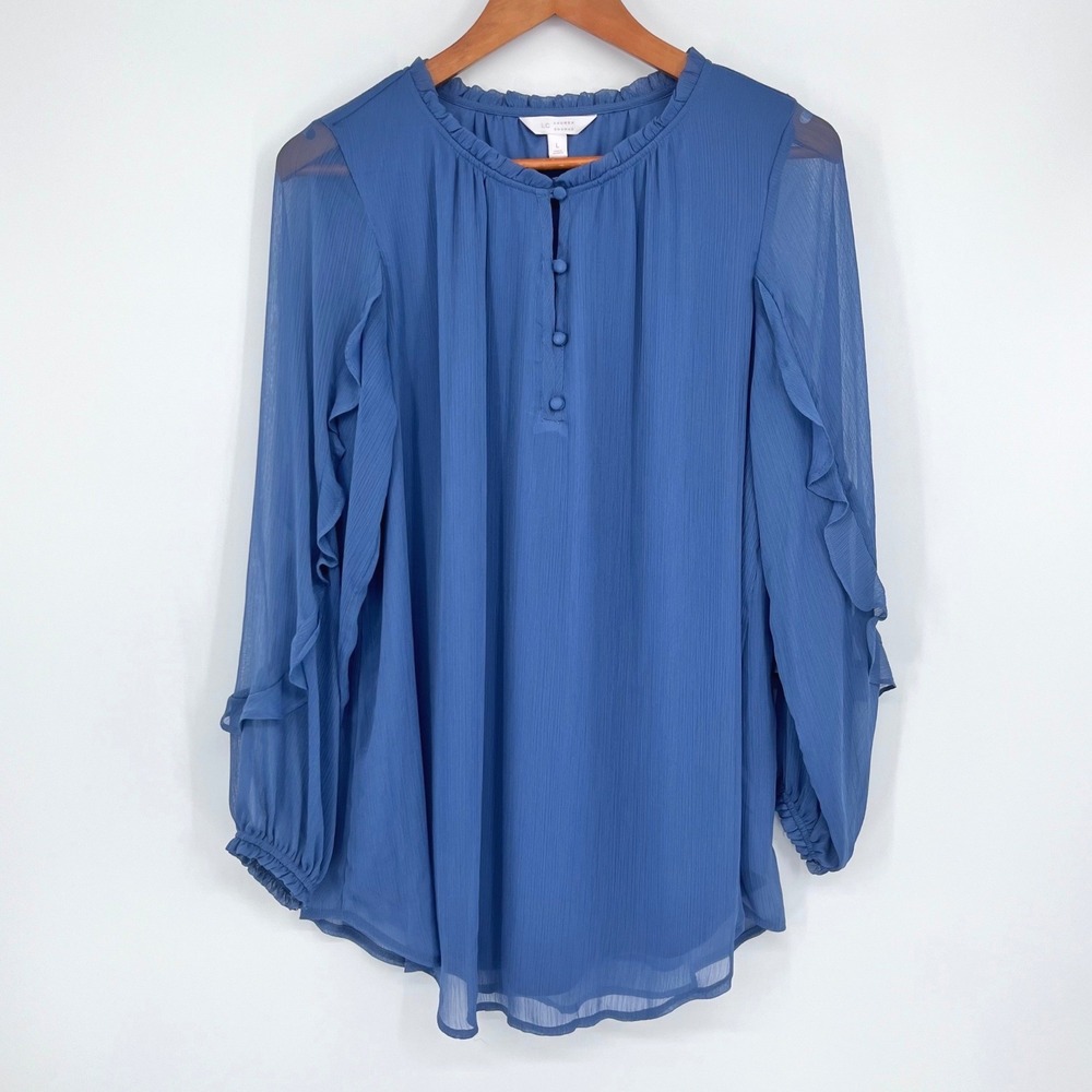 LC Lauren Conrad Chiffon Blouse Womens Large Blue Ruffle Sleeve Henley Top